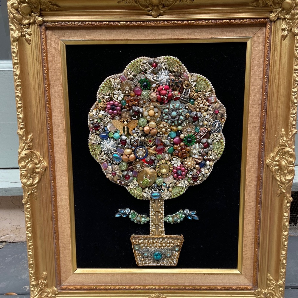 1 LEFT!  Art well recognized jewelry make up this tree, 18”x21.5”, frame 75.00